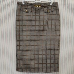 Cato Brown, Tan, Dark Orange, And Dark Rust Plaid Pencil Skirt with Gold Detail